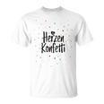 Frohes Weißes Herzkonfetti T-Shirt, Buntes Konfetti-Design