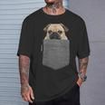 Lustiges Mops-Gesicht Herren T-Shirt mit Brusttaschen-Print, Witziges Hundemotiv Geschenke für Ihn