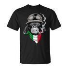 Aviator-Gorilla Grafik-T-Shirt, Italienisches Flaggen-Schal Design, Schwarz