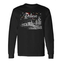 KIDDAD Women's Believe Christmas Shirt - Funny Buffalo Plaid Long Sleeve Tee With Santa Hat Graphic, Dark Gray