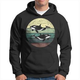 Retro Pinguin Grafik Hoodie im Vintage Stil mit Sonnenuntergang - Seseable