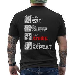 Eat Sleep Anime Repeat Manga Japan Kanji Weeb Vintage Anime T-Shirt mit Rückendruck - Seseable