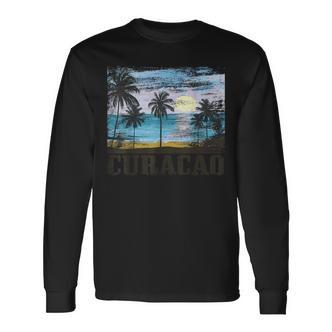 Curacao Vintage Palm Trees Surfer Caribbean Souvenir Gray Langarmshirts - Seseable De