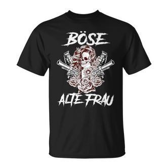 Gothic T-Shirt Schwarzes Böse Alte Frau Motiv mit Rosen und Schwertern - Seseable De