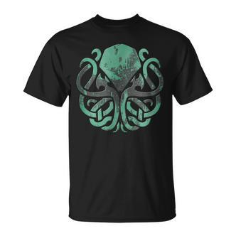 Schwarzes Kraken T-Shirt mit Vintage-Mond Motiv in Grün - Seseable De