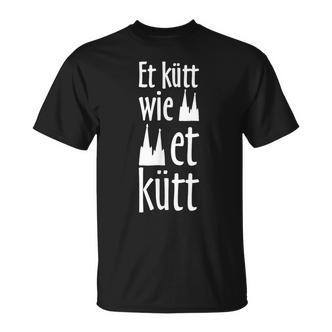 Schwarzes T-Shirt Kölscher Spruch Et kütt wie et kütt, Dom-Silhouette Motiv - Seseable De
