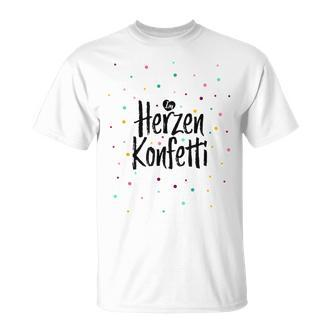 Frohes Weißes Herzkonfetti T-Shirt, Buntes Konfetti-Design - Seseable De