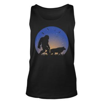 Bigfoot With Wolf Companion Silhouette Nightime Stars Tank Top | Mazezy