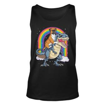 Boxer Riding Dinosaur T Rex Dog Lover Boys Kids Rainbow Tank Top | Mazezy