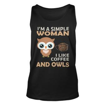 I'm A Simple Woman I Like Coffee And Owls Tank Top | Mazezy