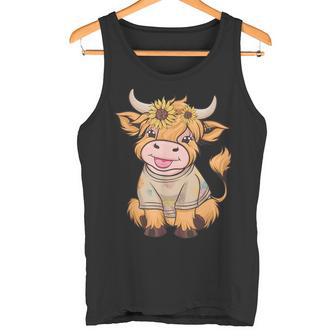 Niedliches Baby Highland Cow Mit Sonnenblumen Grafik Rinder Tank Top - Geschenkecke