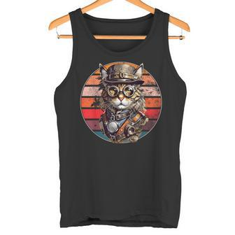 Steampunk Cat Retro Sunset Glasses Hat And Watches Tank Top - Seseable