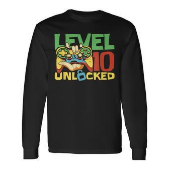 10 Year Old Gamer Gaming 10Th Birthday Level 10 Unlocked Long Sleeve T-Shirt | Mazezy