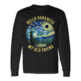 2024 Solar Eclipse Hello Darkness My Old Friend Starry Night Long Sleeve T-Shirt - Seseable