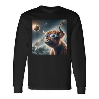2024 Solar Eclipse Highland Cow Wearing Glasses Totality Long Sleeve T-Shirt - Seseable