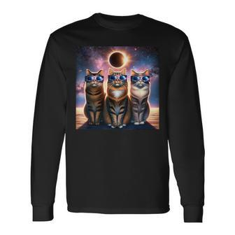 2024 Solar Eclipse Three Cats Wearing Glasses Totality Long Sleeve T-Shirt - Monsterry DE