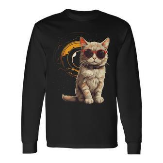 2024 Total Solar Eclipse Cat Wearing Solar Eclipse Glasses Long Sleeve T-Shirt - Seseable
