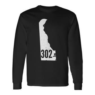 302 Delaware Pride Outline State Area Code Long Sleeve T-Shirt - Monsterry