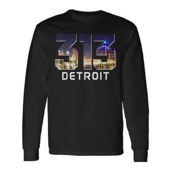 313 Detroit Area Code Night Skyline Vintage Pride Michigan Long Sleeve T-Shirt - Monsterry CA