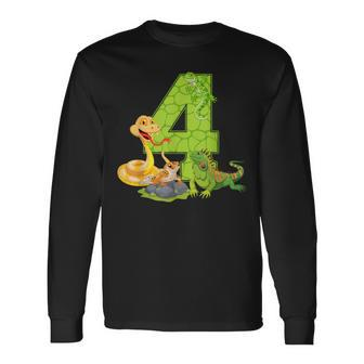 4Th Birthday Snake Lizard Reptile 4 Year Old Birthday Party Long Sleeve T-Shirt - Monsterry