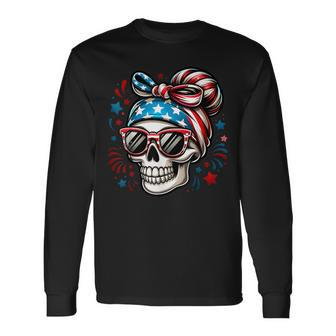 4Th Of July 2024 Independence Day Patriotic Skull Bandana Long Sleeve T-Shirt - Monsterry AU
