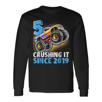 5 Crushing It Since 2019 Monster Truck 5Th Birthday Boys Long Sleeve T-Shirt | Mazezy