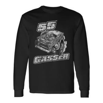 55 Gasser Vintage Distressed Look Hot Rod Long Sleeve T-Shirt - Monsterry