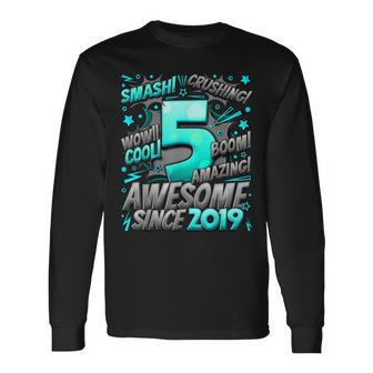 5Th Birthday Comic Style Awesome Since 2019 5 Year Old Boy Long Sleeve T-Shirt - Monsterry