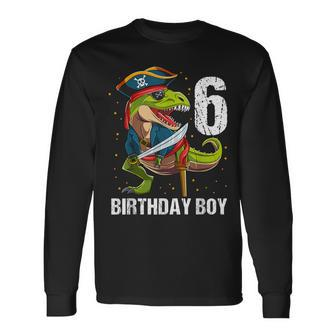 6 Year Old Dinosaur Pirate Hat 6Th Birthday Boy Long Sleeve T-Shirt - Monsterry