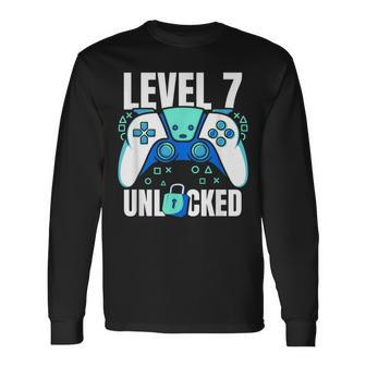 7 Year Old Gamer Gaming 7Th Birthday Level 7 Unlocked Long Sleeve T-Shirt - Seseable