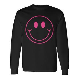 70S Cute Pink Smile Face Peace Happy Smiling Face Long Sleeve T-Shirt - Seseable