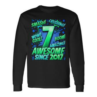 7Th Birthday Comic Style Awesome Since 2017 7 Year Old Boy Long Sleeve T-Shirt | Mazezy