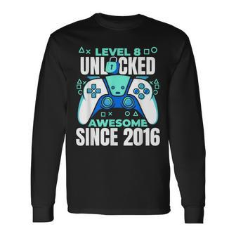 8 Year Old Gamer Gaming 8Th Birthday Level 8 Unlocked Long Sleeve T-Shirt - Thegiftio UK