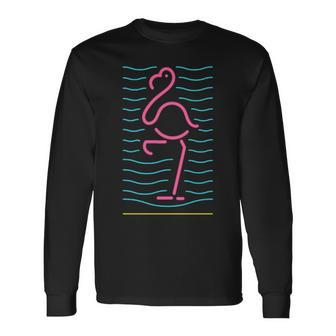 80S Retro Neon Sign Pink Flamingo Bird 80'S Long Sleeve T-Shirt | Mazezy