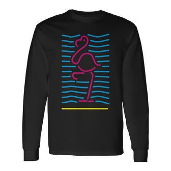 80'S Retro Neon Sign Pink Flamingo Bird Long Sleeve T-Shirt | Mazezy