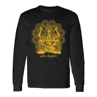 Adi Shakti Herren Langarmshirts, Spirituelles Yoga Motiv Gold auf Schwarz - Seseable