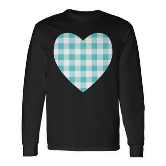 Aesthetic Teal Plaid Heart Long Sleeve T-Shirt - Monsterry DE