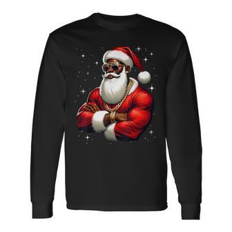 African American Santa Claus Family Christmas Black Long Sleeve T-Shirt - Monsterry CA