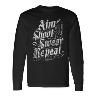 Aim Shoot Swear Repeat Archery Archer Vintage Retro Long Sleeve T-Shirt - Monsterry AU