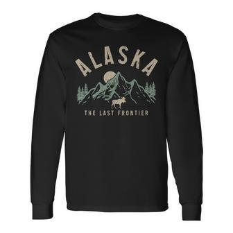 Alaska The Last Frontier Vintage Mountains Moose Hiking Long Sleeve T-Shirt - Monsterry CA