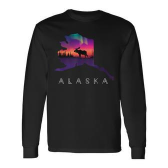 Alaska Moose Aurora Borealis Alaska State & Landscape Long Sleeve T-Shirt - Monsterry
