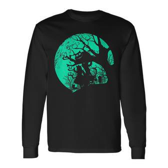 Alice In Wonderland And Cheshire Cat Under Moon Long Sleeve T-Shirt - Monsterry UK