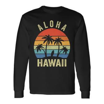 Aloha Hawaii Hawaiian Island Palm Beach Surfboard Surf Long Sleeve T-Shirt | Mazezy