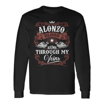 Alonzo Blood Runs Through My Veins Family Name Vintage Long Sleeve T-Shirt - Seseable