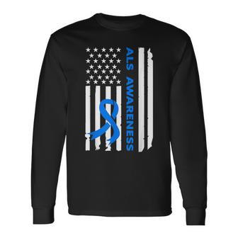 Als Awareness Blue Ribbon American Flag Long Sleeve T-Shirt - Monsterry CA