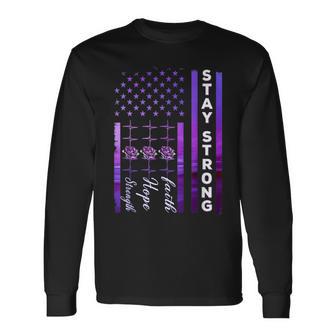 Alzheimer's Awareness Purple Ribbon Distressed American Flag Long Sleeve T-Shirt - Monsterry