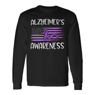 Alzheimer's Disease Awareness Purple Ribbon American Flag Long Sleeve T-Shirt - Monsterry DE