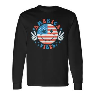 America Vibes Happy Face Smile American Flag 4Th Of July Long Sleeve T-Shirt - Monsterry