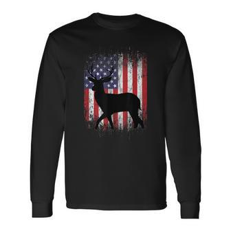 American Deer Hunting Patriotic Hunter Flag Whitetail Buck Long Sleeve T-Shirt - Monsterry