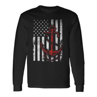 American Flag Anchor Patriotic Military July Navy Usa Long Sleeve T-Shirt - Monsterry UK